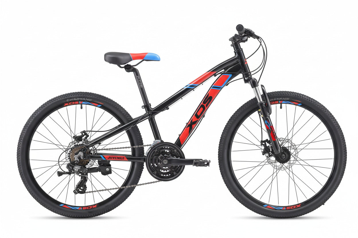 A black mountain bike with red and blue accents, including a frame, wheels, tires, and saddle.