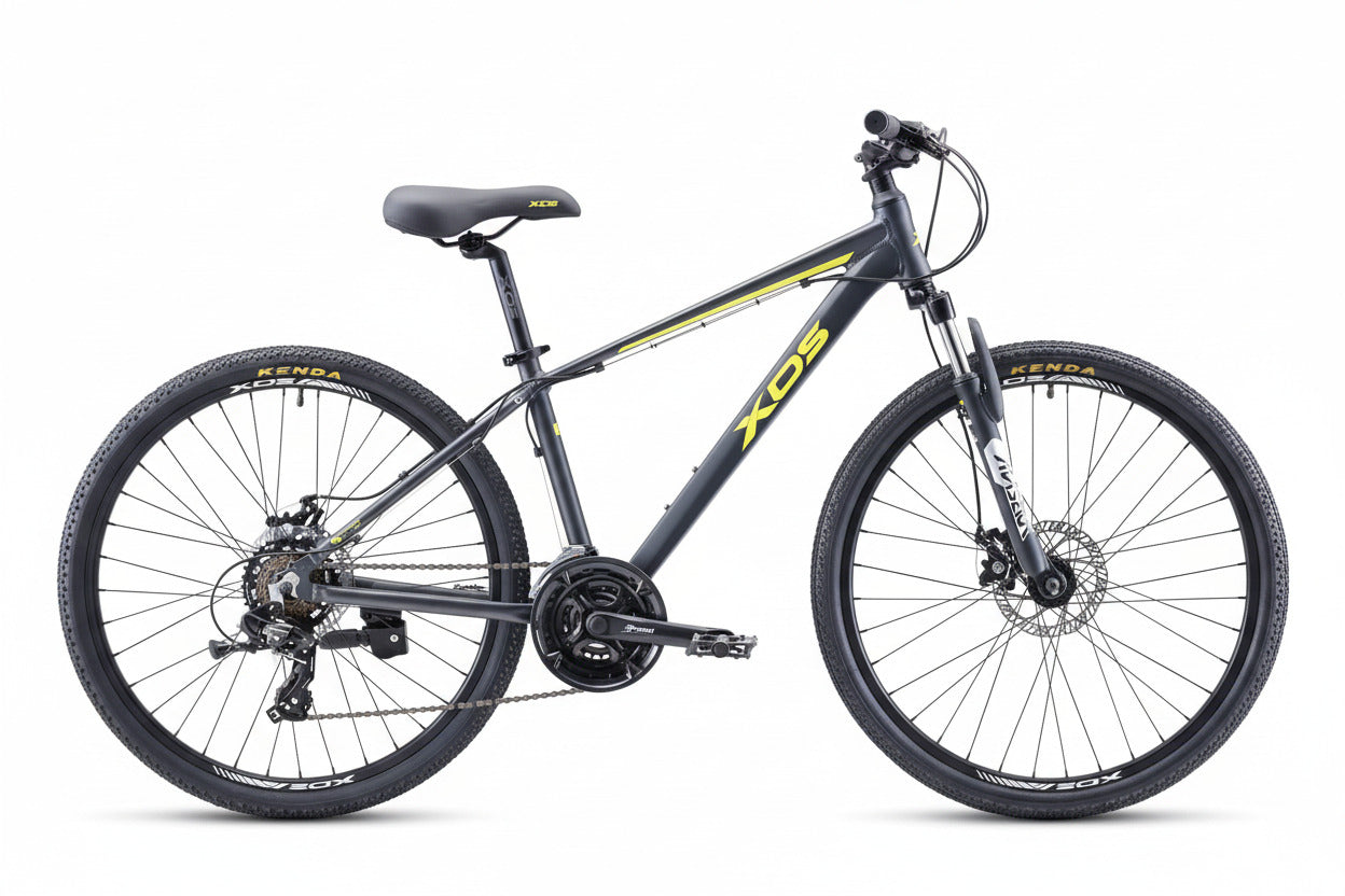 A gray and yellow mountain bike with aluminum frame and double-wall rims.