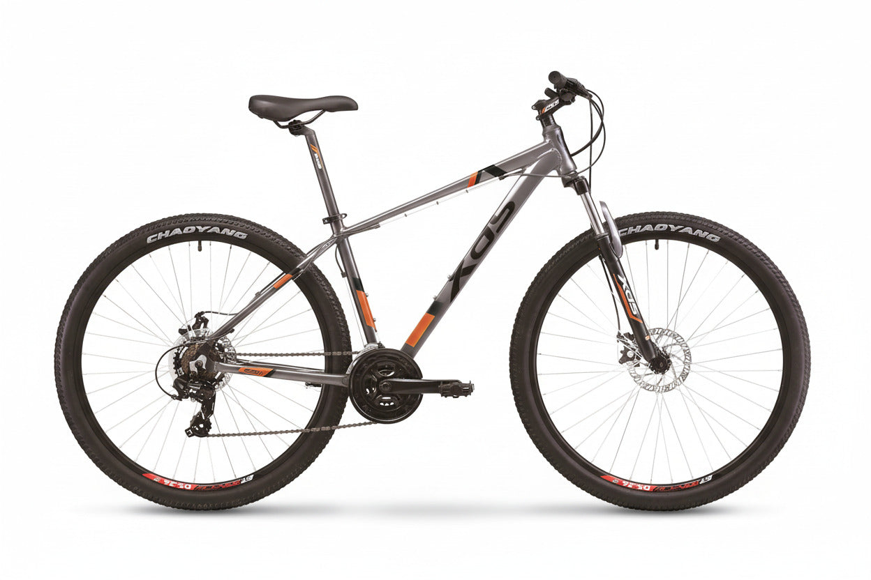 A 27.5-inch mountain bike with a black and gray aluminum frame, equipped with a Shimano Tourney gear shifter and a mechanical brake, featuring a Chaoyang tire.