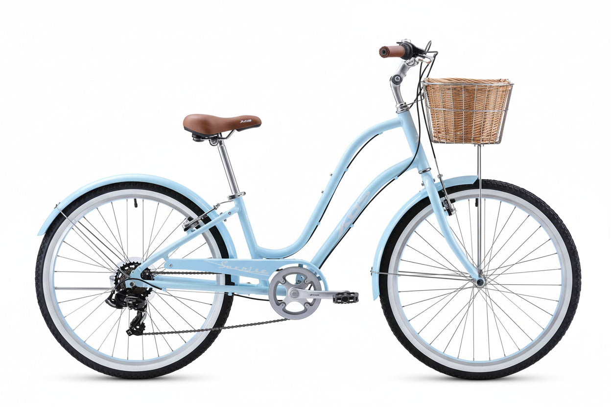 A blue city bike with a basket on the front, black tires, and a white wall rim.