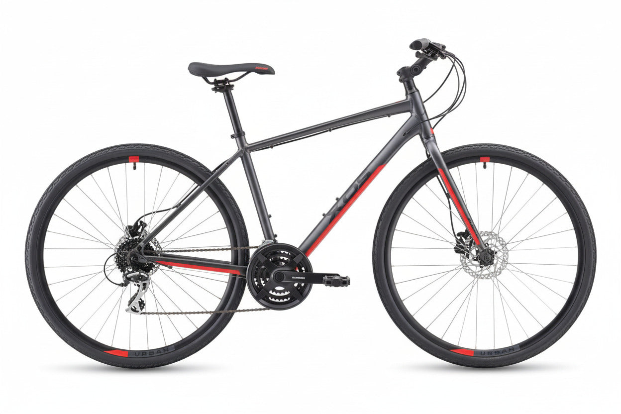 A black and red urban bicycle with hydraulic disc brakes, Shimano shifters, and a reinforced steel frame.
