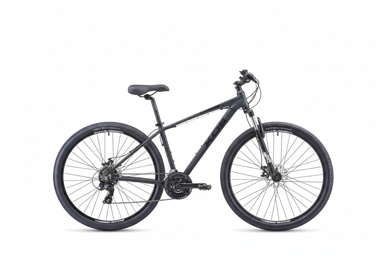 A black mountain bike with aluminum frame and forks, double-wall aluminum rims, and mechanical brakes. It features a Shimano Tourney shifter and derailleurs, a steel saddle, and KMC X7 chain.